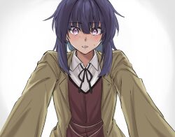 Rule 34 | 1girl, alternate costume, blue pupils, blunt bangs, blush, coat, collared shirt, commentary request, female pov, from below, grey background, head tilt, high ponytail, honkai (series), honkai impact 3rd, implied yuri, long hair, long sleeves, looking at viewer, looking down, multicolored eyes, nervous sweating, parted lips, ponytail, pov, purple hair, raiden mei, raiden mei (apho), shirt, simple background, solo, sweat, syonosuke9573, vest