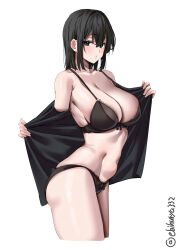 Rule 34 | 1girl, akitsu maru (kancolle), artist name, black bra, black hair, black panties, black shirt, blush, bra, breasts, cleavage, collarbone, commentary request, cropped legs, ebifurya, grey eyes, hair between eyes, highres, kantai collection, large breasts, looking at viewer, medium hair, navel, one-hour drawing challenge, open clothes, open shirt, opened by self, panties, parted lips, shirt, sidelocks, simple background, solo, strap gap, thighs, twitter username, underwear, white background