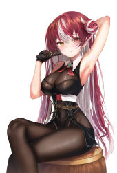 1girl :p arm_up armpits bare_shoulders black_bodysuit black_gloves bodysuit breasts brown_eyes cleavage closed_mouth covered_navel crossed_legs gloves hair_bun highres holding hololive houshou_marine houshou_marine_(marching_band) large_breasts long_hair multicolored_hair raurashun red_hair see-through_clothes see-through_cleavage simple_background single_hair_bun sitting smile solo thighs tongue tongue_out virtual_youtuber white_background white_hair