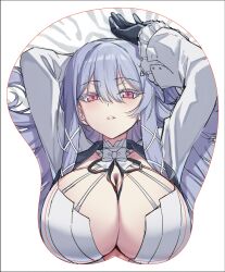 Rule 34 | 1girl, absurdres, arm behind head, arms up, blacha (dkskek157), black gloves, black ribbon, bow, breast mousepad, breasts, cleavage, commentary request, counter:side, frilled sleeves, frills, gloves, hair between eyes, hair spread out, halterneck, highres, jacket, korean commentary, large breasts, long hair, looking at viewer, lying, mousepad (medium), on back, outline, parted lips, partial commentary, pink eyes, plunging neckline, purple hair, red outline, ribbon, sidelocks, simple background, solo, swan claire, unfinished, upper body, white background, white bow, white jacket