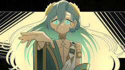 1girl 37_(reverse:1999) absurdres armlet backlighting bare_shoulders blue_eyes blue_hair breasts clenched_teeth daku_k gold_choker hair_between_eyes halftone highres jewelry laurel_crown letterboxed long_hair looking_at_viewer no_bra outside_border outstretched_arm outstretched_hand plunging_neckline reverse:1999 small_breasts solo teeth upper_body very_long_hair yellow_background