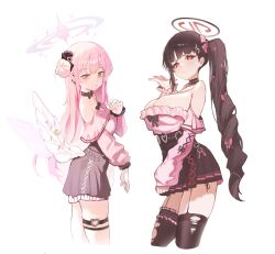 2girls absurdres angel_wings black_hair black_halo blue_archive bright_pupils feathered_wings gradient_halo hair_bun halo highres low_wings mamo_(user_jjca7524) mika_(blue_archive) multicolored_halo multiple_girls pink_hair pink_halo red_eyes ringed_eyes rio_(blue_archive) two-tone_halo white_pupils white_wings wing_ornament wings