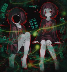 abstract abstract_background absurdres bandaged_leg bandages bandaid bandaid_on_knee bandaid_on_leg barefoot black_hair black_shorts black_sweater blister_pack distortion faceless glass highres horror_(theme) kaitenta1 knees_up milk milk-chan_(milk_series) milk_inside_a_bag_of_milk_inside_a_bag_of_milk multiple_views no_symbol oversized_clothes pale_skin pill red_eyes russian_text short_bangs shorts sitting sweater