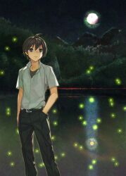 1boy absurdres akisa_yositake black_pants brown_hair bug fireflies firefly full_moon highres higurashi_no_naku_koro_ni insect looking_at_viewer maebara_keiichi male_focus moon night night_sky outdoors pants shirt short_hair short_sleeves sky white_shirt