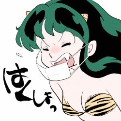 1girl amamorituyuko animal_print bikini breasts closed_eyes fangs green_hair highres horns japanese_text long_hair lum mask mouth_mask oni open_mouth pointy_ears sneezing swimsuit tiger_print urusei_yatsura