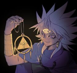 1boy black_background commentary_request dark dark-skinned_male dark_skin earrings glowing jewelry long_hair male_focus millennium_ring purple_eyes smile solo upper_body yagamikan yami_marik yu-gi-oh! yu-gi-oh!_duel_monsters