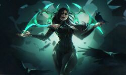 1girl bare_shoulders bird black_hair bodysuit breasts crow green_eyes green_lines hela_(marvel) highres large_breasts long_hair looking_at_viewer luzdanaee marvel marvel_rivals solo thor_(marvel)_(series)