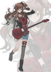 1girl :3 bang_dream! bass_guitar black_bow black_footwear black_gloves black_jacket black_thighhighs blue_shorts blush bow brown_hair chara_tomato52 choker closed_mouth bass_guitar gloves green_eyes hair_bow highres holding holding_bass_guitar holding_instrument imai_lisa instrument jacket long_hair looking_at_viewer one_side_up open_clothes open_jacket red_choker red_shirt shirt shorts single_thighhigh solo thighhighs v zoom_layer