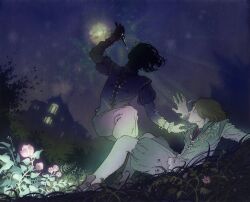 2boys arm_up brown_hair building bush buttons commentary dagger dark english_commentary flower fog foliage full_moon glowing hand_on_another&#039;s_chest highres holding holding_dagger holding_knife holding_weapon imminent_stabbing knife long_sleeves medium_hair moon moonbeam moonlight multiple_boys night night_sky original outdoors painting_(medium) plant puffy_pants puffy_sleeves rose silhouette sky traditional_media vines vinsenta watercolor_(medium) weapon window_light