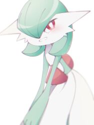 Rule 34 | blush, bob cut, colored skin, dress, gardevoir, gen 3 pokemon, green hair, green skin, hair over one eye, looking at viewer, multicolored skin, narumiya pkmn, nintendo, parted lips, pink eyes, pokemon, pokemon (creature), simple background, smile, two-tone skin, white background, white dress, white skin