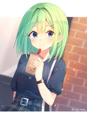 1girl bag belt blue_eyes blurry blurry_background blush brick_wall casual collarbone comiket_98 commentary_request cup day depth_of_field drinking_straw dutch_angle green_hair hair_ornament hairclip hand_up holding jewelry looking_at_viewer medium_hair necklace original outdoors plaid_belt plaid_clothes plaid_skirt pleated_skirt ribbed_shirt shirai_tanuki shirt shoulder_bag skirt smile solo split_mouth sunlight takeda_emi twitter_username upper_body watch wristwatch