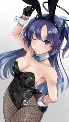 1girl animal_ear_hairband animal_ears black_gloves black_leotard blue_archive blue_bow blue_bowtie blue_eyes bow bowtie breasts cleavage detached_collar ex_saki fake_animal_ears fishnet_pantyhose fishnets gloves gradient_background hairband halo highres large_breasts leotard mechanical_halo one_eye_closed pantyhose playboy_bunny purple_hair rabbit_ears solo strapless strapless_leotard two_side_up wrist_cuffs yuuka_(blue_archive)