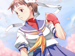 1girl artist_request ascot blue_sailor_collar blue_skirt brown_eyes brown_hair capcom covered_navel female_focus fingerless_gloves gloves headband kasugano_sakura looking_to_the_side matching_hair/eyes open_mouth red_gloves sailor_collar sailor_crest school_uniform serafuku short_hair skirt solo street_fighter street_fighter_zero_(series) white_headband yellow_ascot