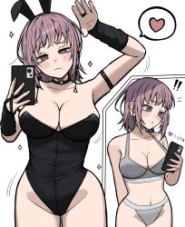 ! !! 1girl absurdres aguxxxuu animal_ears arm_strap black_arm_warmers black_choker black_leotard bra breasts cellphone chainsaw_man choker closed_mouth earrings fake_animal_ears fami_(chainsaw_man) grey_bra grey_panties heart heart_choker highleg highleg_leotard highres holding holding_phone jewelry large_breasts leotard medium_hair mole mole_under_eye mole_under_mouth multiple_moles panties phone playboy_bunny purple_eyes purple_hair rabbit_ears ring ringed_eyes selfie smartphone speech_bubble spoken_heart strapless strapless_leotard underwear