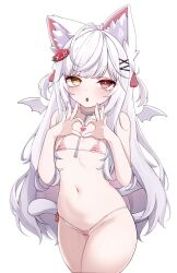 15pahe 1girl absurdres animal_ear_fluff animal_ears bikini blush cat_ears cat_girl cat_tail choker cropped_legs flat_chest flower food-themed_hair_ornament hair_flower hair_ornament hairclip heart heart_hands heterochromia highres loli long_hair looking_at_viewer micro_bikini mini_wings navel open_mouth original pink_bikini red_eyes simple_background solo strawberry_hair_ornament striped_bikini striped_clothes swimsuit tail thighs two_side_up very_long_hair white_background white_hair wings x_hair_ornament yellow_eyes