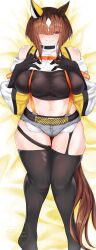 1girl animal_ears black_shirt black_thighhighs blunt_bangs blush bob_cut breasts brown_eyes brown_hair closed_mouth commentary_request cosplay dakimakura_(medium) elegg_(nikke) elegg_(nikke)_(cosplay) full_body garter_straps goddess_of_victory:_nikke grey_shorts hair_over_one_eye highres hisagi_(hisagi00) horse_ears horse_girl horse_tail large_breasts looking_at_viewer lying micro_shorts midriff navel on_back shirt short_hair shorts smile solo suspenders tail thighhighs transcend_(umamusume) umamusume