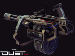 Rule 34 | 3d, autodesk 3ds max (medium), cable, commentary, copyright logo, copyright name, dark background, drum magazine, dust 514, eve online, flewda (josh powers), gatling gun, glowing, grey background, gun, heavy machine gun, highres, logo, machine gun, magazine (weapon), modo (medium), no humans, photorealistic, photoshop (medium), realistic, science fiction, weapon, weapon focus