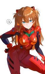 1girl absurdres anger_vein blush bodysuit breasts brown_hair chinese_commentary closed_mouth commentary_request cowboy_shot curvy green_eyes hair_between_eyes hand_on_own_hip highres interface_headset_(evangelion) long_hair looking_at_viewer mecha_pilot_suit medium_breasts neon_genesis_evangelion plugsuit_(evangelion) red_bodysuit shen_qingming shiny_clothes simple_background solo souryuu_asuka_langley spoken_anger_vein tsundere white_background wide_hips