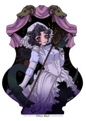 Rule 34 | 1girl, anjo nala, black background, black hair, black skirt, border, coif, corset, curtains, gloves, green gloves, green tail, grin, hand up, highres, lizard tail, long hair, long sleeves, microphone, microphone stand, neckerchief, purple eyes, reverse:1999, shirt, skirt, smile, solo, soppy loser, striped clothes, striped shirt, tail, upper body, vertical-striped clothes, vertical-striped shirt, vintage microphone, white border, white corset, white neckerchief, white shirt