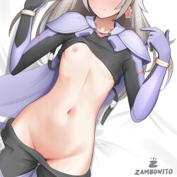 1girl a_(xenoblade) absurdres breasts covered_erect_nipples earrings eyes_out_of_frame grey_hair head_out_of_frame highres jewelry long_hair lying messy_hair navel nipples on_back small_breasts torso_flash xenoblade_chronicles_(series) xenoblade_chronicles_3 xenoblade_chronicles_3:_future_redeemed zambonito