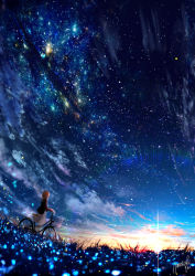 1girl amatsuki_rei bicycle black_shirt blue_sky cloud cloudy_sky fantasy field galaxy glowing grass highres long_sleeves night night_sky orange_hair original outdoors scenery shirt short_hair sky solo standing star_(sky) starry_sky sunlight sunrise