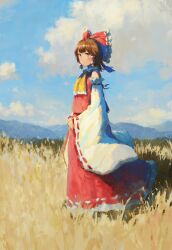 1girl ascot bare_shoulders blue_sky blush bow brown_hair closed_mouth cloud commentary day detached_sleeves fjsmu frilled_ascot frilled_bow frilled_hair_tubes frilled_skirt frills full_body hair_bow hair_tubes hakurei_reimu highres outdoors red_eyes red_shirt red_skirt ribbon-trimmed_sleeves ribbon_trim shirt short_hair skirt skirt_set sky sleeveless sleeveless_shirt solo standing touhou wheat_field white_sleeves wide_sleeves yellow_ascot