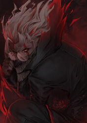 1boy absurdres adjusting_eyewear alternate_form black_coat bokeda coat colored_skin dandadan facial_mark fire glasses grey_skin highres long_sleeves looking_at_viewer male_focus mask mouth_mask multicolored_hair popped_collar red_aura red_eyes red_streaks rimless_eyewear round_eyewear sharp_teeth signature solo streaked_hair takakura_ken_(dandadan) takakura_ken_(transformed)_(dandadan) tall_hair teeth white_hair