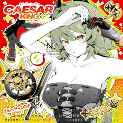 1girl arms_up artist_name bare_shoulders blush breasts caesar_king_(zenless_zone_zero) character_name cleavage green_hair hair_between_eyes hair_intakes hair_ornament highres kiguchi_hikaru large_breasts leotard long_hair looking_up parted_lips prosthesis prosthetic_arm shield solo strapless strapless_leotard sword tube_top upper_body very_long_hair watermark weapon yellow_eyes zenless_zone_zero
