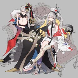 2girls bare_shoulders black_dress black_gloves breasts cleavage cloak detached_collar down_jacket dress dual_persona fate/grand_order fate_(series) fur-trimmed_cloak fur_trim gloves gradient_hair grey_hair hair_ornament half_gloves hat highres jacket large_breasts long_hair long_sleeves looking_at_viewer marie_antoinette_(fate) marie_antoinette_alter_(fate) marie_antoinette_alter_(first_ascension)_(fate) marie_antoinette_alter_(third_ascension)_(fate) medium_breasts multicolored_hair multiple_girls no-kan off_shoulder open_clothes open_jacket side_ponytail single_thighhigh smile thighhighs twintails two-sided_fabric two-sided_jacket two_side_up white_dress white_hair white_hat white_jacket yellow_eyes