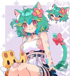 +_+ 1girl ahoge alternate_hair_length alternate_hairstyle animal_ear_fluff animal_ears bare_shoulders belt black_belt black_gloves blonde_hair blue_hair blush bow breasts cat_ears cat_girl cat_tail chain cleavage closed_eyes closed_mouth collar commentary_request ear_piercing english_text flower gloves green_hair hair_flower hair_ornament honeybun_(rosedoodle) insect_wings kisa012 multicolored_hair open_mouth orange_eyes paint_on_body piercing pink_bow pink_flower pink_hair ponytail rosedoodle_(vtuber) shirt short_hair short_ponytail side_ponytail sitting skirt smile streaked_hair tail tail_bow tail_ornament thigh_strap twitter_username vchiban virtual_youtuber white_shirt white_skirt wings