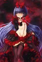1girl alcohol ars_lycorys artist_name black_souls black_souls_2 black_thighhighs blue_eyes blue_hair blush bow bowtie breasts clothes_lift commission cup dress dress_lift drinking_glass eyelashes flat_chest garter_straps hime_cut liquid loli long_hair looking_at_viewer mabel_(black_souls) midriff nipples pouring pouring_onto_self red_bow red_dress revealing_clothes revealing_dress ribcage ribs sky small_breasts smile solo solo_focus standing star_(sky) star_(symbol) star_in_eye starry_sky symbol_in_eye thighhighs tongue tongue_out topless_female universe very_long_hair visible_ribs wine wine_glass