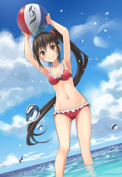 1girl armpits arms_up ball beachball bikini black_hair blush brown_eyes cloud day dutch_angle errant female_focus frilled_bikini frills hair_ornament hair_scrunchie highres horizon in_water long_hair looking_at_viewer navel ocean original outdoors red_bikini scrunchie side_ponytail sky smile solo standing swimsuit very_long_hair wading water water_drop wet
