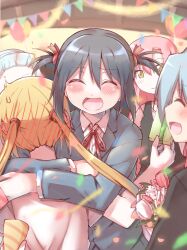 1boy 4girls ayasaki_hayate birthday blonde_hair blue_hair blush closed_eyes dress flower gift hair_ornament hairclip hanabishi_miki hayate_no_gotoku! holding holding_flower holding_gift hug indoors katsura_hinagiku long_hair multiple_girls nishizawa_ayumu pink_hair purple_hair sanzen&#039;in_nagi school_uniform short_hair short_twintails smile solo_focus tears twintails yellow_eyes