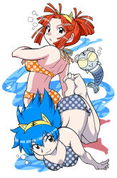 2girls amu_ru animal_ear_hairband animal_ears aqua_hair ass bare_arms bare_legs bare_shoulders barefoot benga_ru bikini black_outline blue_bikini blunt_bangs blunt_sidelocks bow bow_bikini breasts brown_eyes bubble cat_ear_hairband cat_ears closed_mouth colored_sclera cub fake_animal_ears fins fish_tail from_behind full_body grey_fur grey_tail hair_intakes hairband half_updo halterneck high_ponytail large_breasts looking_at_viewer mukku_(mook-tv) multiple_girls no_pupils official_art orange_bikini orange_hair outline parted_bangs polka_dot polka_dot_bikini ponytail second-party_source shiro_kotora short_hair siblings sidelocks simple_background sisters smile spiked_hair straight_hair striped_clothes striped_fur striped_hairband swimming swimsuit tail teeth tiger tiger_ears toes tora_da_yo. toranoana underwater upper_body white_background yellow_hairband yellow_sclera