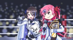 2girls bad_id bad_twitter_id belt championship_belt chris_jericho english_text girls&#039;_frontline gloves hair_ornament hairclip hexagram jacket jacket_on_shoulders jericho_(girls&#039;_frontline) microphone military military_uniform multiple_girls name_connection negev_(girls&#039;_frontline) serjatronic smirk star_of_david wrestling_ring wwe