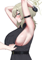 1girl absurdres armpits arms_up belt blue_archive breasts erorange halo highres presenting_armpit shirt sideboob sleeveless sleeveless_shirt suou_(blue_archive) sweat