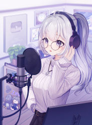 1girl ahoge belt breasts glasses grey_hair headphones highres indoors ine_(vtuber) jewelry long_hair long_sleeves looking_ahead medium_breasts microphone necklace open_mouth ponytail pop_filter prana_(prana12) purple_eyes recording ribbed_sweater solo sweater sweater_tucked_in turtleneck turtleneck_sweater virtual_youtuber waktaverse white_hair white_sweater youtube_creator_award