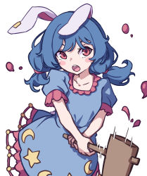 1girl absurdres ambiguous_red_liquid animal_ears blue_dress blue_hair crescent crescent_print dress earclip floppy_ears frilled_dress frills highres kame_(kamepan44231) kine mallet one-hour_drawing_challenge rabbit_ears red_eyes seiran_(touhou) star_(symbol) star_print touhou