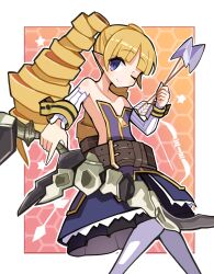 1girl archer_(disgaea) arrow_(projectile) bare_shoulders blonde_hair blue_eyes bow_(weapon) detached_sleeves disgaea dress drill_hair flat_chest highres holding holding_bow_(weapon) holding_weapon long_hair looking_at_viewer makai_senki_disgaea off_shoulder one_eye_closed pantyhose smile solo suaman twin_drills weapon