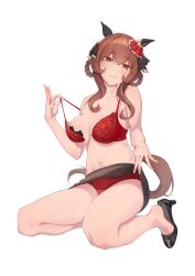 Rule 34 | 1girl, animal ears, armpits, bare legs, blush, bra, braid, braided hair rings, breasts, brown tail, closed mouth, clothes lift, cross, cross pasties, crossed bangs, ear covers, eyelashes, feet, full body, gentildonna (umamusume), gold trim, hair between eyes, hair rings, hand up, heel pop, high heels, highres, horse ears, horse tail, lace, lace bra, lace panties, large breasts, legs, long hair, looking at viewer, miniskirt, navel, panties, pasties, red bra, red eyes, red panties, shadow, sidelocks, simple background, skirt, skirt lift, solo, stomach, tail, thighs, toe cleavage, umamusume, undersized breast cup, underwear, white background, yonemochi yume