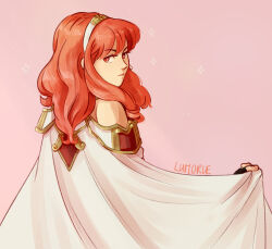 Rule 34 | 1girl, bare shoulders, cape, celica (fire emblem), earrings, fire emblem, fire emblem echoes: shadows of valentia, from behind, jewelry, long hair, looking at viewer, lumorie, nintendo, princess, red eyes, red hair, tiara