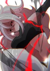 Rule 34 | 1girl, android 21, aura, bare shoulders, black sclera, black tube top, breasts, colored sclera, colored skin, dragon ball, dragon ball fighterz, earrings, electricity, glint, grey hair, highres, hoop earrings, jewelry, large breasts, long hair, midriff, navel, pink skin, red eyes, simple background, solo, stktik09060906, strapless, tube top, upper body, watermark, white background