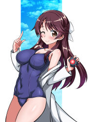 Rule 34 | 1girl, absurdres, blue one-piece swimsuit, blush, brave witches, breasts, brown eyes, brown hair, closed mouth, collarbone, covered navel, cyber (cyber knight), hair ribbon, highres, karibuchi takami, large breasts, long hair, looking at viewer, one-piece swimsuit, one eye closed, ribbon, smile, solo, swimsuit, world witches series