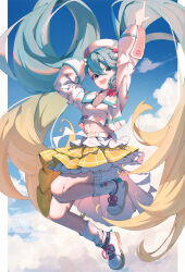Rule 34 | absurdres, aqua eyes, aqua hair, belt, beret, blonde hair, chaos (user vuuv2277), cropped jacket, gradient hair, hair between eyes, hair ornament, hat, hatsune miku, highres, index finger raised, jacket, long hair, long sleeves, magical mirai miku, magical mirai miku (2024), midriff, multicolored hair, navel, official alternate costume, official alternate hairstyle, open mouth, pink nails, pleated skirt, pointing, pointing up, shoes, shorts, shorts under skirt, skirt, smile, stomach, twintails, very long hair, vocaloid, white belt, white jacket, white shoes, yellow skirt
