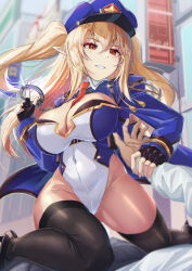 1boy 1girl absurdres black_gloves blonde_hair breasts cleavage commission cuffs elf fingerless_gloves gloves grin handcuffs hat highleg highleg_leotard highres large_breasts leotard long_hair long_sleeves looking_at_viewer necktie origami_yakko original parted_lips peaked_cap pointy_ears police police_uniform red_eyes skeb_commission smile solo_focus thighhighs thighs two_side_up