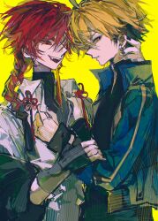 Rule 34 | 2boys, absurdres, ahoge, black gloves, black hair, black jacket, black nails, black shirt, blonde hair, blue jacket, braid, chinese commentary, chinese knot, clothes down, clothes grab, collar grab, collared shirt, earrings, fang, fingerless gloves, gloves, hair between eyes, hands on another&#039;s neck, highres, holding another&#039;s wrist, jacket, jacket partially removed, jewelry, long hair, long sleeves, looking at another, looking at viewer, male focus, multicolored hair, multiple boys, nail polish, neckwear grab, off shoulder, open clothes, open jacket, open mouth, pants, parted lips, profile, red eyes, red hair, shiguang dailiren, shirt, short hair, simple background, single braid, single earring, sleeves past wrists, smile, tassel, tassel earrings, teeth, turtleneck, upper body, white shirt, xia fei, xiao weiying, xinjinjumin507774888799, yaoi, yellow background, yellow eyes
