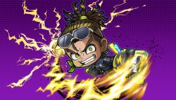 1boy ball black_jacket black_pants brown_hair chibi chibi_only electricity eyewear_on_head fang green_eyes green_shoes grin highres holding holding_ball jacket looking_at_viewer male_focus mita_santarou mouth_hold non-web_source official_art pants ponytail purple_background shoes smile solo stalk_in_mouth sunglasses tribe_nine v-shaped_eyebrows