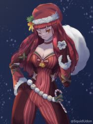 1girl blue_cape bodysuit breasts candy candy_cane cape christmas facial_mark fire_emblem fire_emblem_engage fire_emblem_heroes food hair_ornament hand_on_own_hip hat highres holding holding_sack holly holly_hair_ornament large_breasts multicolored_cape nintendo official_alternate_costume red_bodysuit red_cape sack santa_hat squidudon12 star_(symbol) star_facial_mark star_hair_ornament star_print two-tone_cape yunaka_(fire_emblem) yunaka_(spirited_envoy)_(fire_emblem)