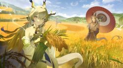 00suger001 1boy 1girl absurdres arknights bare_shoulders bead_bracelet beads bird blonde_hair blue_eyes blue_hair blue_sky blurry bracelet brother_and_sister brown_eyes brown_hair brown_robe closed_mouth cloud colored_extremities day depth_of_field dragon_boy dragon_girl dragon_horns dragon_tail eastern_dragon_horns eastern_dragon_tail eyeliner field gradient_hair grey_hair hair_between_eyes hair_branch hair_intakes half_updo highres holding holding_plant holding_umbrella horns jacket jewelry long_hair long_sleeves looking_at_viewer makeup mole mole_under_eye mountainous_horizon multicolored_hair necklace off_shoulder oil-paper_umbrella outdoors pants parted_bangs plant pointy_ears red_eyeliner rice_(plant) robe scarecrow shu_(arknights) siblings sky smile strapless tail tube_top umbrella white_bird white_jacket white_pants white_tube_top wide_sleeves ji_(arknights)