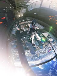 1girl absurdres banishment black_eyes black_hair black_skirt blue_sky building city cityscape cloud commentary_request day fish floating_hair glass goldfish hallway highres miniskirt neckerchief on_floor original red_neckerchief sailor_collar scenery school_uniform serafuku shirt short_sleeves sitting skirt sky white_shirt window